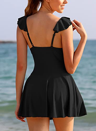 SHEKINI Women's One Piece Ruffle Swimsuit Tie Knot Front Ruched Vintage Swimdress (Manhattan Black, Small) - Image 3