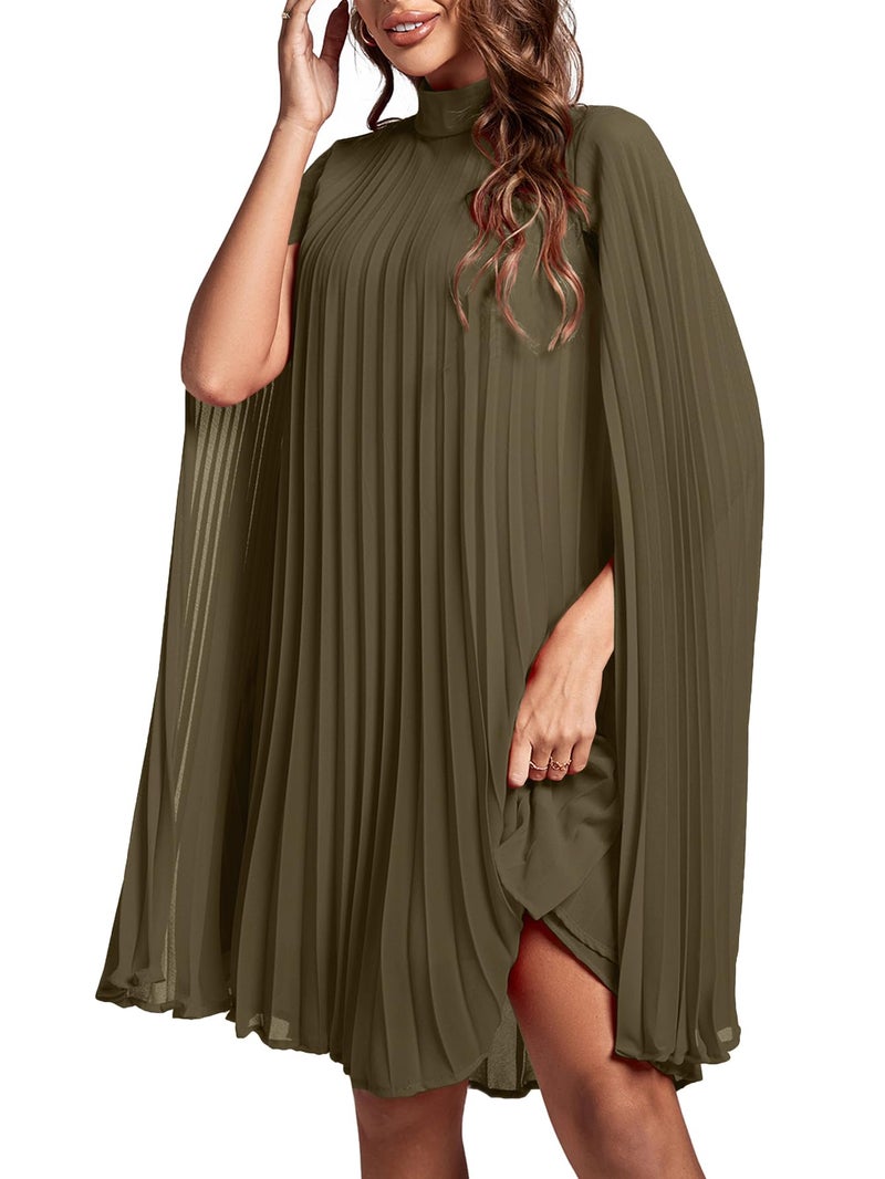 Rooscier Women's Pleated Mock Neck Cloak Sleeve Keyhole Back Flowy Party Midi Dress Plain Army Green X-Small - Image 4