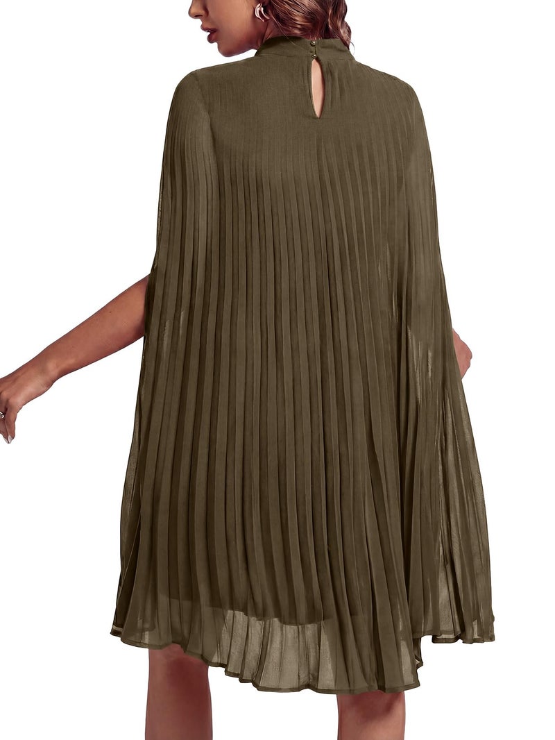 Rooscier Women's Pleated Mock Neck Cloak Sleeve Keyhole Back Flowy Party Midi Dress Plain Army Green X-Small - Image 2