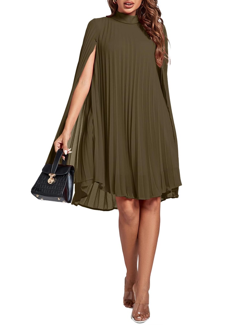 Rooscier Women's Pleated Mock Neck Cloak Sleeve Keyhole Back Flowy Party Midi Dress Plain Army Green X-Small - Image 5