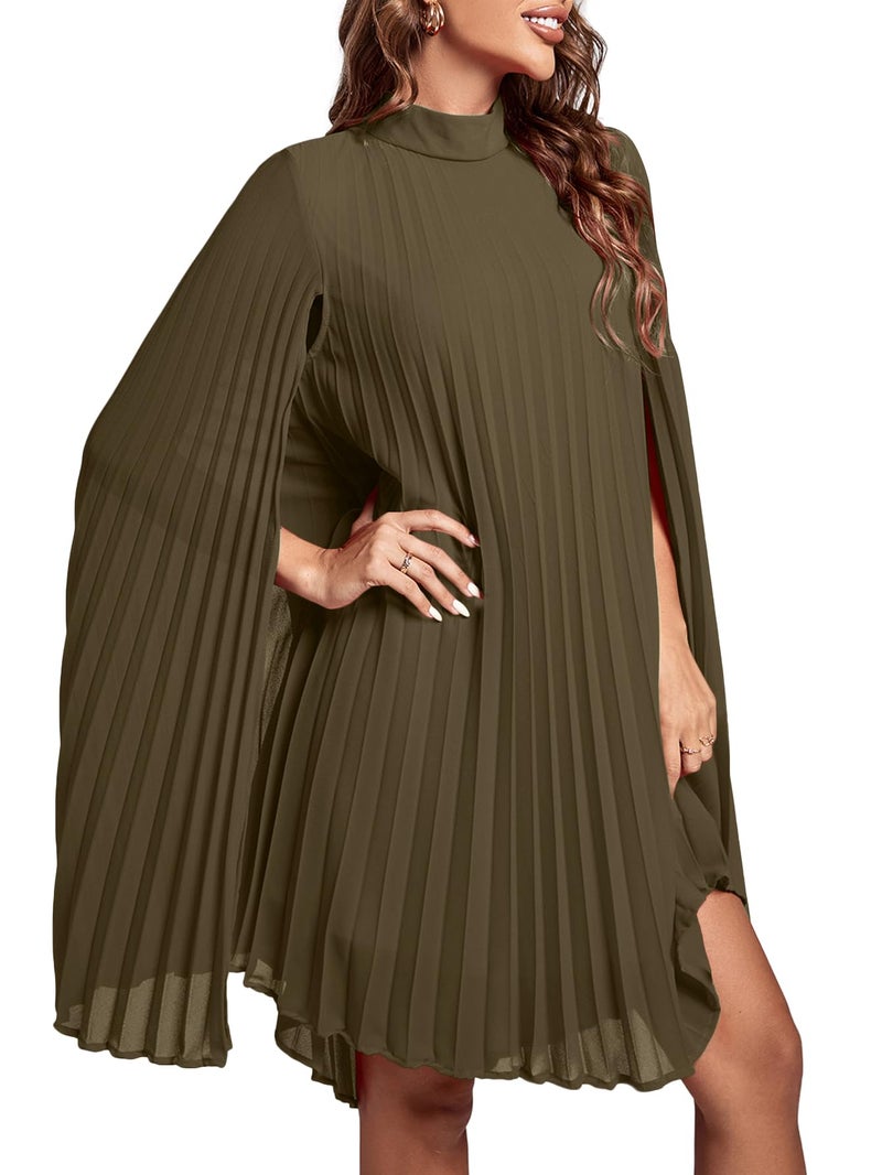 Rooscier Women's Pleated Mock Neck Cloak Sleeve Keyhole Back Flowy Party Midi Dress Plain Army Green X-Small - Image 3