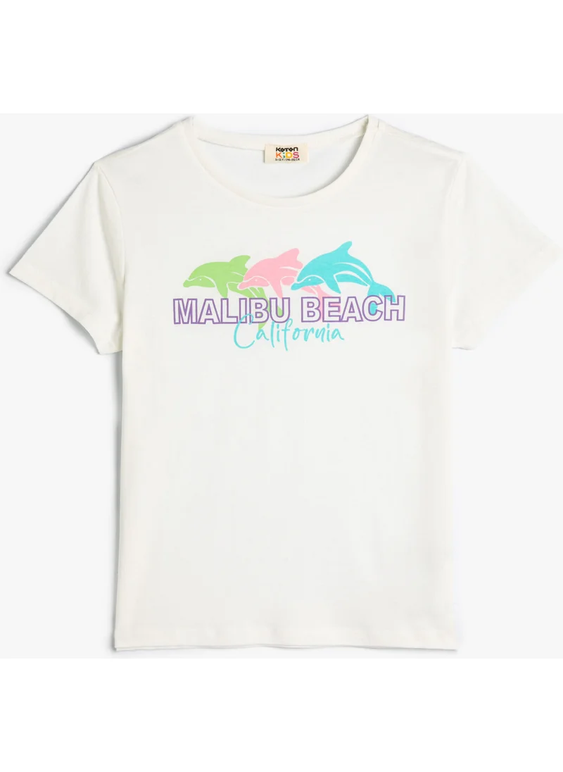 KOTON T-Shirt Dolphin Printed Short Sleeve Crew Neck Cotton