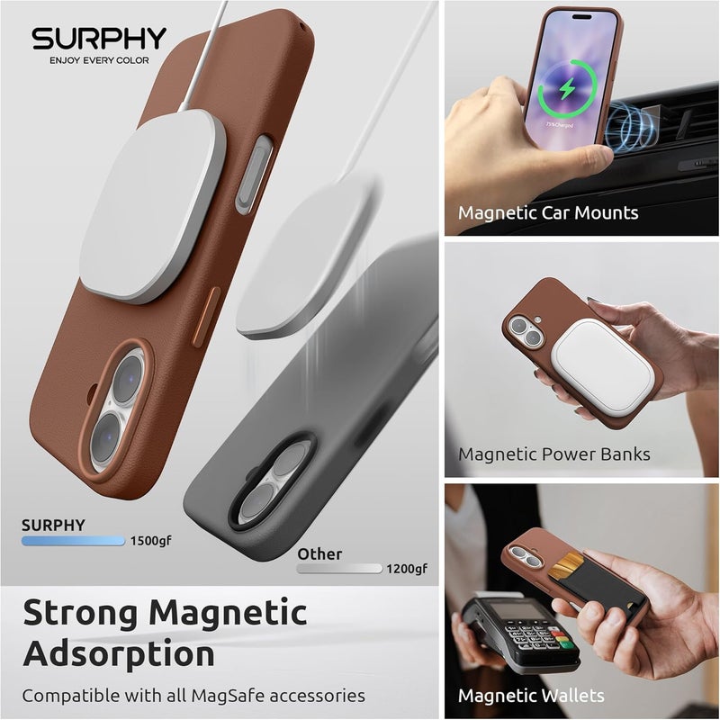 SURPHY Designed for iPhone 17 Leather Case, Compatible with MagSafe Wireless Charging Faux Leather Case with Metallic Buttons and Microfiber Lining for 17 6.3 inch 2025, Brown - Image 3
