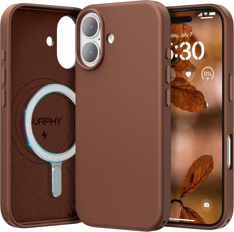 SURPHY Designed for iPhone 17 Leather Case, Compatible with MagSafe Wireless Charging Faux Leather Case with Metallic Buttons and Microfiber Lining for 17 6.3 inch 2025, Brown - Image 1