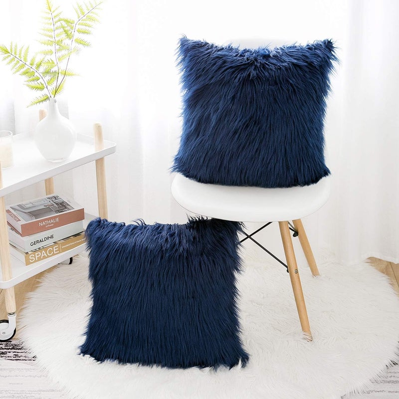 WLNUI All-round well-engineered practical build Decorative Navy Blue Fluffy Pillow Covers New Luxury Series Merino Style Faux Fur Throw Pillow Covers Fuzzy Cushion Cover 18x18 Inches 45x45 cm Daily wear upgraded resistant material - Image 5