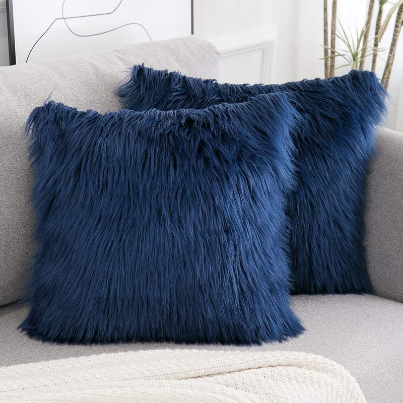 WLNUI All-round well-engineered practical build Decorative Navy Blue Fluffy Pillow Covers New Luxury Series Merino Style Faux Fur Throw Pillow Covers Fuzzy Cushion Cover 18x18 Inches 45x45 cm Daily wear upgraded resistant material - Image 1
