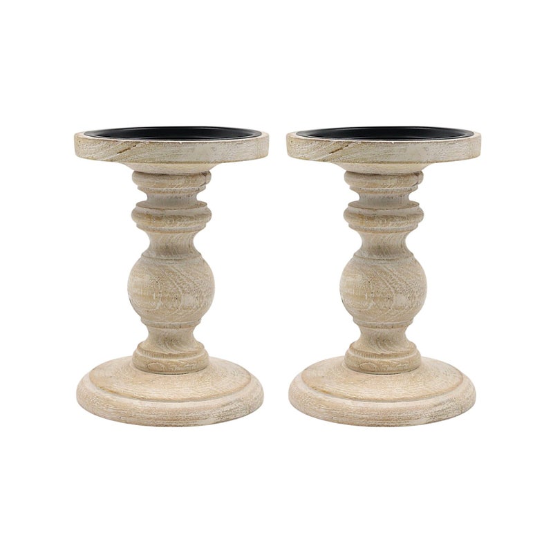 Hosley Set of 2 Antique White Wooden Pillar Candle Holder Country Style 7 Inch High Ideal Gift for Wedding Party Special Occasion or as a Candle Holder