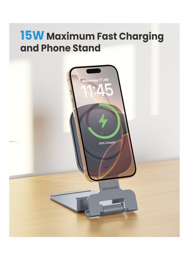 Moxedo Moxedo 3 in 1 Desktop Charger 15W Wireless Charging Phone Holder Foldable with USB-C Port Input Compatible for iOS Devices like iPhone, Apple Watch and Airpods  - Image 2