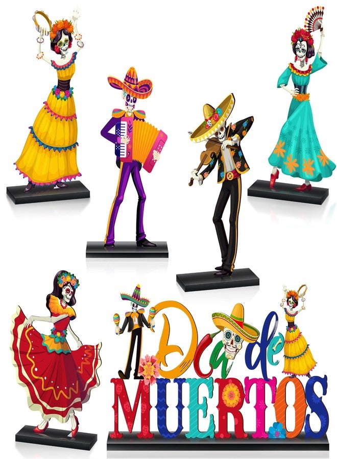 Barydat 6 Pieces Day of The Dead Table Decorations Dia De Los Muertos Decor Wooden Sugar Skull Couple Desk Centerpieces for Halloween Mexican Fiesta Carnival Party Decoration Supplies - Image 1