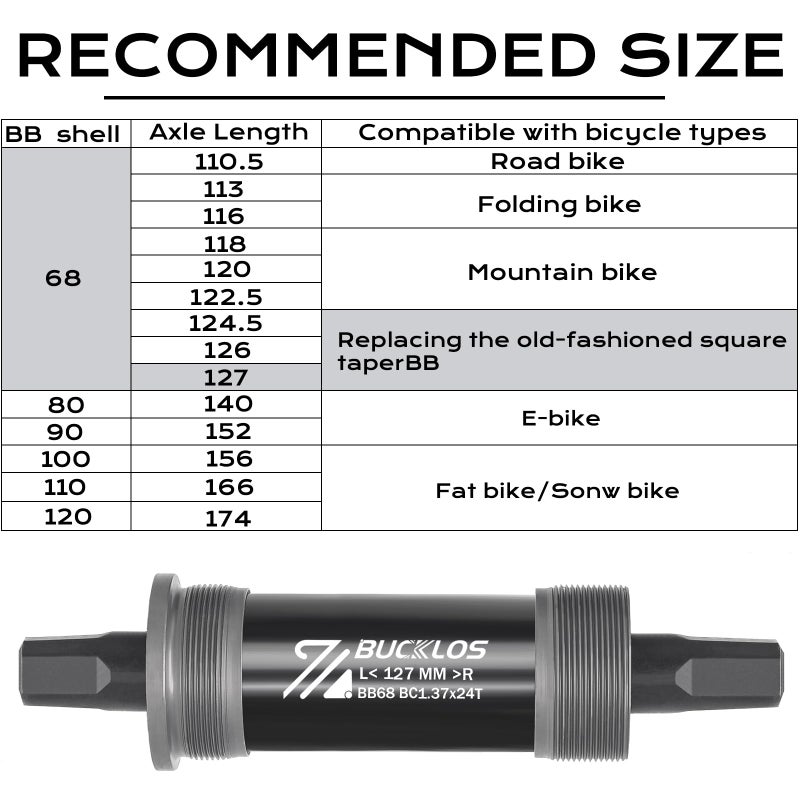 BUCKLOS Bike Square Taper Bottom Bracket - 68/80/90/100/110/120x110.5 113 116 118 122.5 127 140 152 156 166 174mm Bicycle BSA Brackets for Mountain/MTB/Road/Fat Bike/Ebike - Image 4