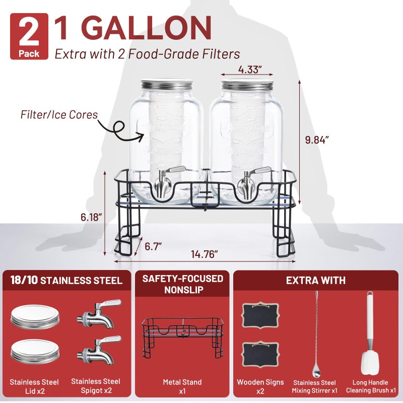 KIKCOIN 1 Gallon Glass Drink Dispensers for Parties, 2 Pack Leakproof Beverage Dispenser with Stand & 18/10 Stainless Steel Spigot & Filter -for Lemonade, Juice, Sun Tea, Punch- ALL DISHWASHER SAFE - Image 4