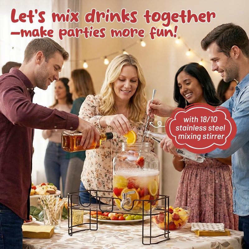 KIKCOIN 1 Gallon Glass Drink Dispensers for Parties, 2 Pack Leakproof Beverage Dispenser with Stand & 18/10 Stainless Steel Spigot & Filter -for Lemonade, Juice, Sun Tea, Punch- ALL DISHWASHER SAFE - Image 2