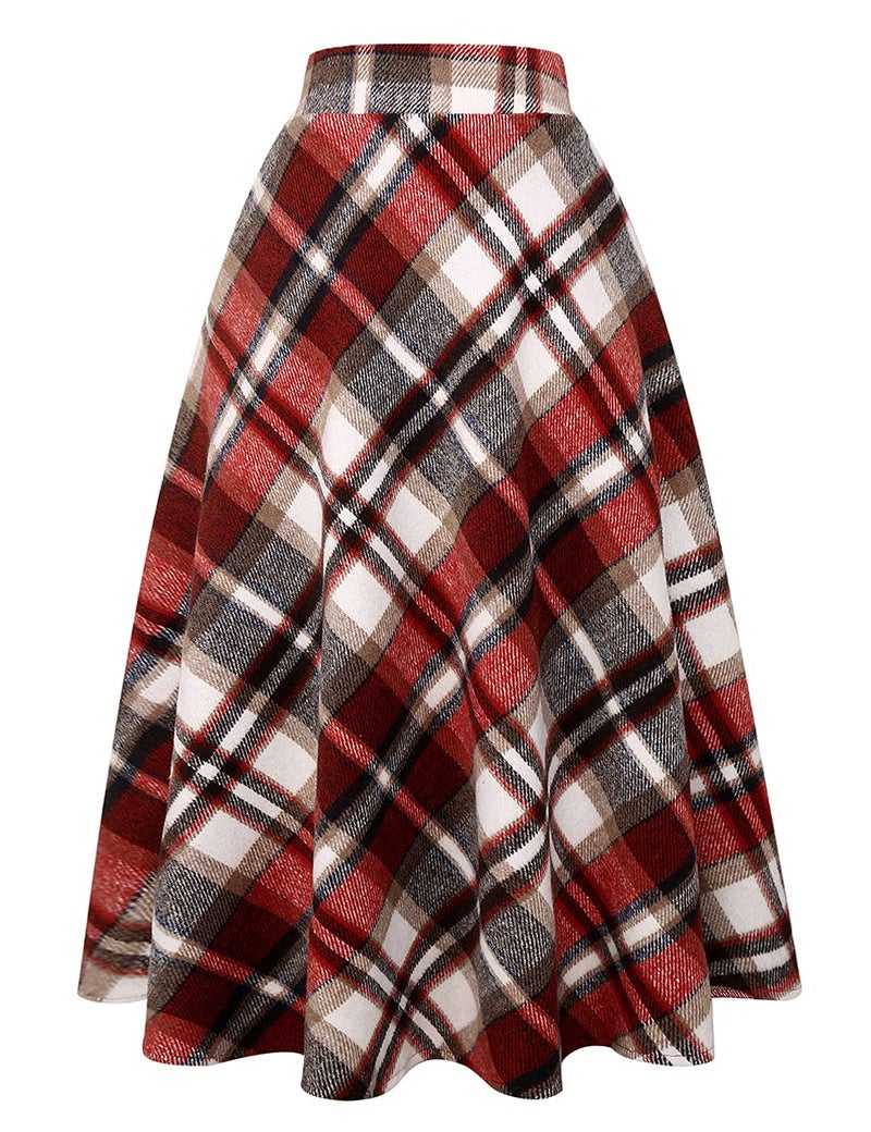 IDEALSANXUN Womens High Elastic Waist Maxi Skirt A-line Plaid Winter Warm Flare Long Skirt (Medium, Long Wine) - Image 1