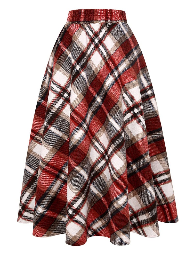 IDEALSANXUN Womens High Elastic Waist Maxi Skirt A-line Plaid Winter Warm Flare Long Skirt (Medium, Long Wine) - Image 3