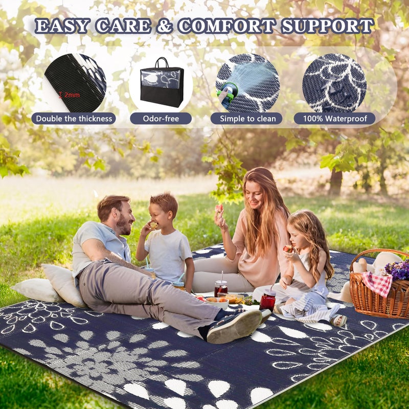 Wallona Outdoor Rugs 8x10 ft Patio Waterproof Clearance Indoor Outdoor Large Carpet for Patio Plastic Straw Reversible Area Rugs Mat for RV, Camping, Balcony, Beach, Picnic, Porch, Flower Blue & White - Image 3