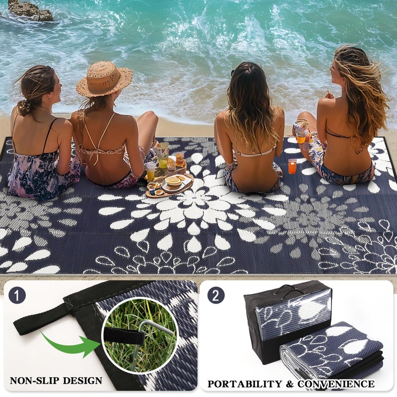 Wallona Outdoor Rugs 8x10 ft Patio Waterproof Clearance Indoor Outdoor Large Carpet for Patio Plastic Straw Reversible Area Rugs Mat for RV, Camping, Balcony, Beach, Picnic, Porch, Flower Blue & White - Image 4
