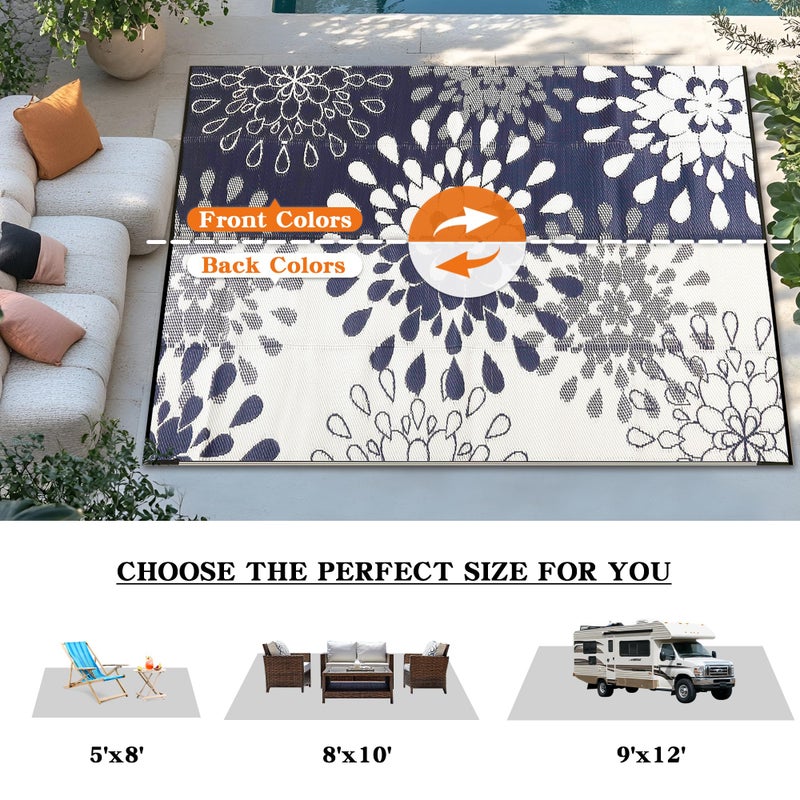 Wallona Outdoor Rugs 8x10 ft Patio Waterproof Clearance Indoor Outdoor Large Carpet for Patio Plastic Straw Reversible Area Rugs Mat for RV, Camping, Balcony, Beach, Picnic, Porch, Flower Blue & White - Image 5