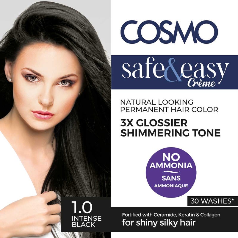 COSMO Safe & Easy No Ammonia 1.0 Intense Black Permanent Intense Creme Hair Color Kit - Rich Pigment Formula for Vibrant, Fade-Resistant Results – Gentle, Nourishing Ingredients for Smooth, Healthy-Looking Hair, 3X Glossier Shimmering Tone - Image 2
