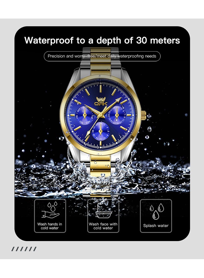OPK Watches, Fashionable and Casual Men's Watch, Luminous Waterproof Quartz Watch, Men's Watch, 6024, Gold and Blue Dial - Image 4