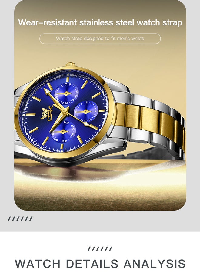 OPK Watches, Fashionable and Casual Men's Watch, Luminous Waterproof Quartz Watch, Men's Watch, 6024, Gold and Blue Dial - Image 5