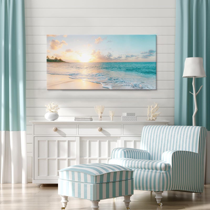 Goldfoilart Ocean Beach Sunset Canvas Wall Art for Bedroom Seascape Paintings Coastal Picture Framed Artwork for Bathroom Living Room Office Wall Decor 20" x 40" - Image 2