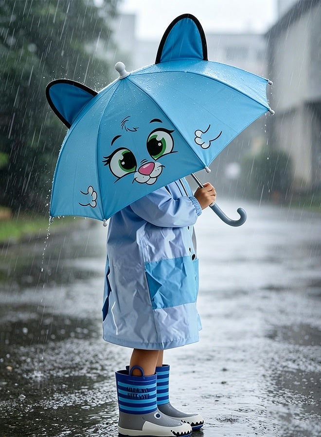 مظلة اطفال كرتونية قطة زرقاء 50 سم Kids Umbrella خفيفة مقاومة للرياح بتصميم امن ضد القرص للاولاد والبنات 2-10 سنة للمدرسة والسفر - Image 5