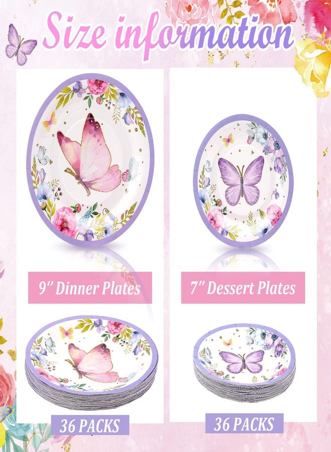 Hortsun 72 Pieces Butterfly Birthday Decorations Paper Plates Bulk, Party Favors Decoration, 9 Inch 7 Inch Disposable Plates Baby Shower for Tableware(Butterfly) - Image 2