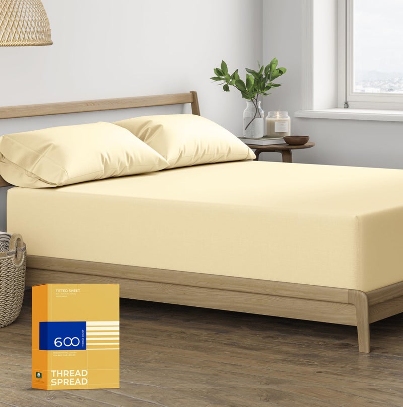 THREAD SPREAD Twin XL Fitted Sheet Only - 100% Egyptian Cotton 600 Thread Count Deep Pocket Fitted Sheet Twin XL  Soft Cooling Sateen Elastic Bottom Sheet  Fits College Dorm Mattress  Teens - Sand - Image 1