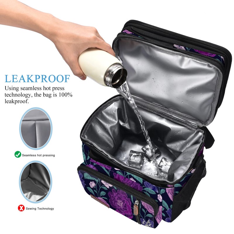 MIYCOO Lunch Bag & Lunch Box for Women Men, Double Deck Leakproof Insulated Soft Large Adult Camping Cooler bag for Work, Beach, Picnic, Travel (Purple Flower, 15L) - Image 4