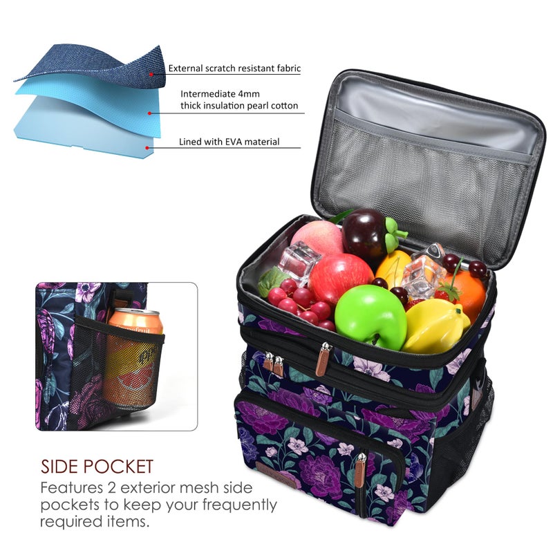 MIYCOO Lunch Bag & Lunch Box for Women Men, Double Deck Leakproof Insulated Soft Large Adult Camping Cooler bag for Work, Beach, Picnic, Travel (Purple Flower, 15L) - Image 3
