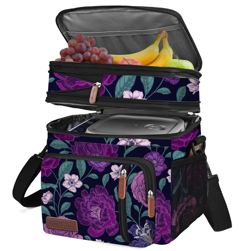 MIYCOO Lunch Bag & Lunch Box for Women Men, Double Deck Leakproof Insulated Soft Large Adult Camping Cooler bag for Work, Beach, Picnic, Travel (Purple Flower, 15L) - Image 1