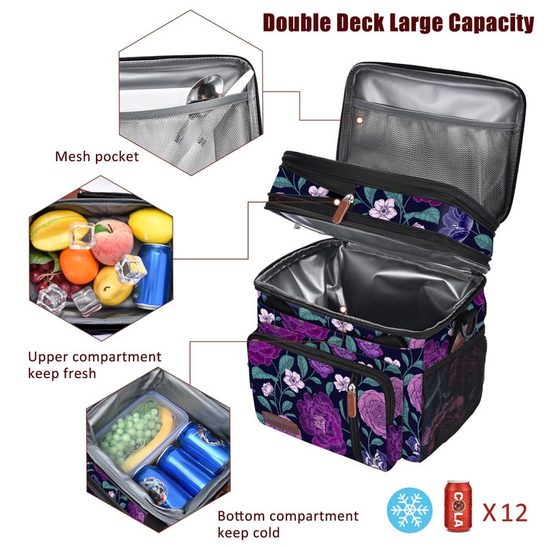 MIYCOO Lunch Bag & Lunch Box for Women Men, Double Deck Leakproof Insulated Soft Large Adult Camping Cooler bag for Work, Beach, Picnic, Travel (Purple Flower, 15L) - Image 5