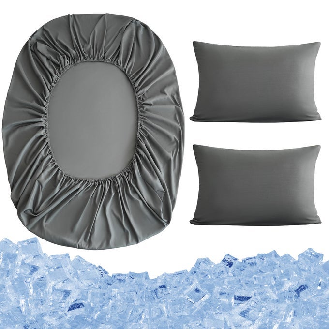 FITTED SHEET SET DOUBLE SIZE 30 CM DEEP POCKET WITH 1 BEDSHEET AND 2 PILLOWCASES EASTER GIFT POLYESTER GREY