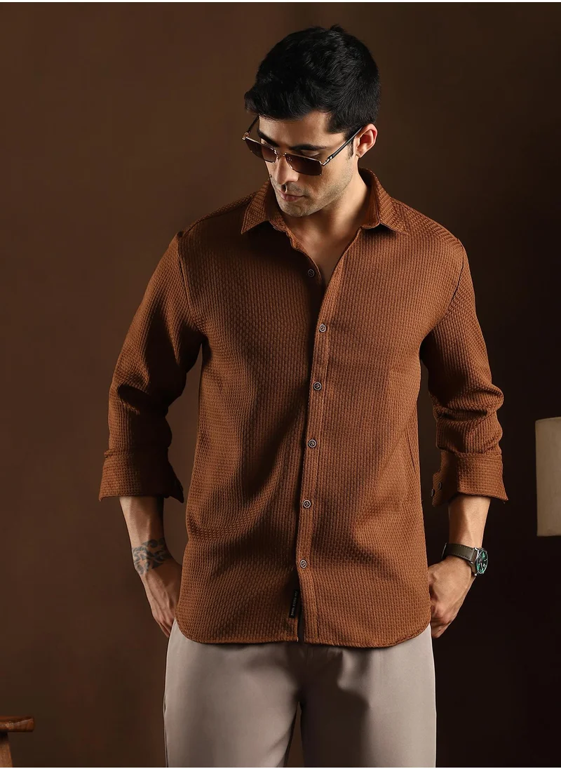 Campus Sutra Campus Sutra Men's Chocolate Brown Interweave-Tactile Shirt For Casual Wear | Spread Collar | Long Cuffed Sleeves | Button Closure | Shirt Crafted With Comfort Fit For Everyday Wear