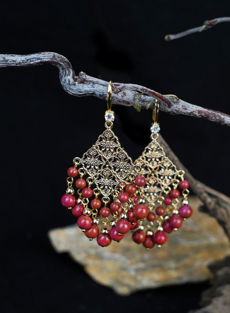 GALADUNE Middle Eastern Window Pattern Tassel Earrings for Women Gold-Plated Design with Red Goldstone Beads Elegant Vintage Jewelry for Eid Weddings Daily Wear  - Image 2