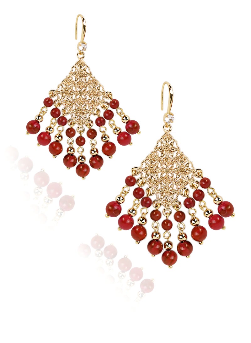 GALADUNE Middle Eastern Window Pattern Tassel Earrings for Women Gold-Plated Design with Red Goldstone Beads Elegant Vintage Jewelry for Eid Weddings Daily Wear  - Image 1