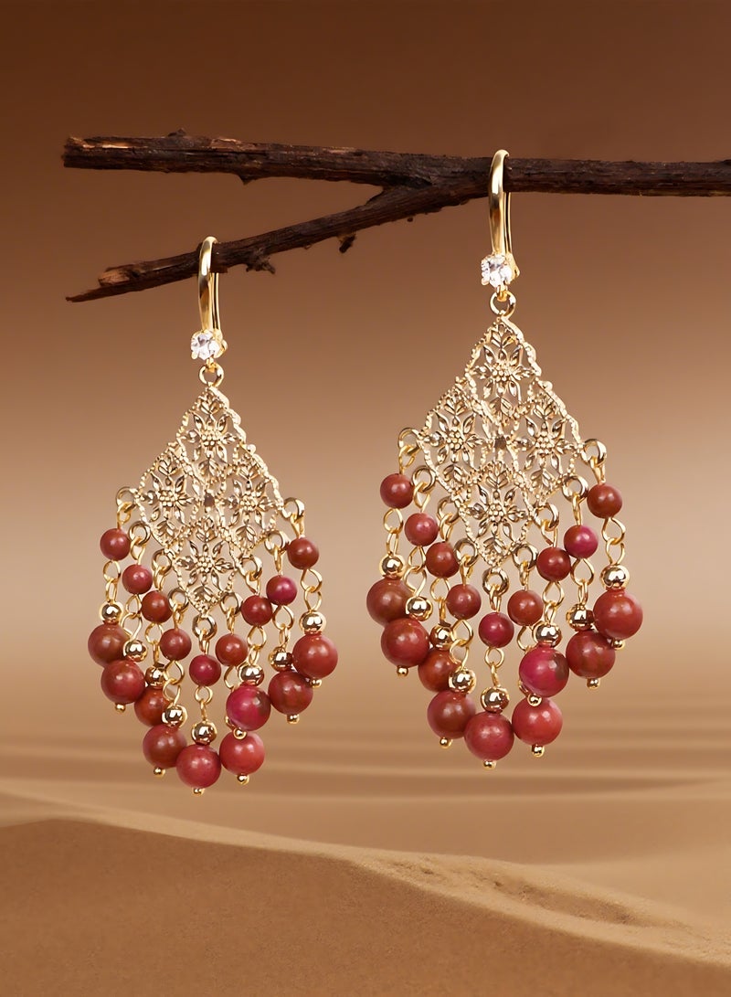 GALADUNE Middle Eastern Window Pattern Tassel Earrings for Women Gold-Plated Design with Red Goldstone Beads Elegant Vintage Jewelry for Eid Weddings Daily Wear  - Image 4