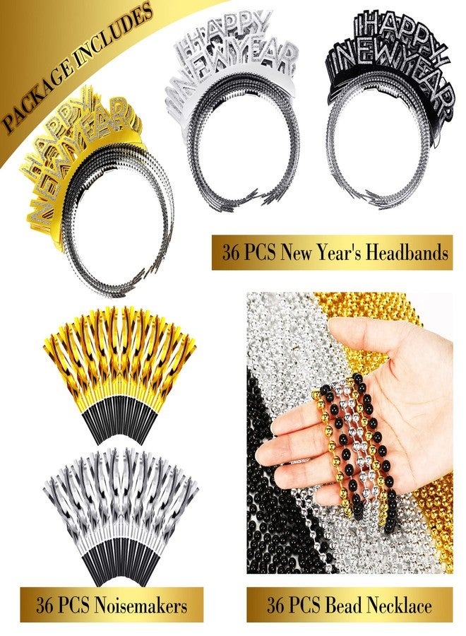 هانايف مجموعة هانايف لمستلزمات حفلات رأس السنة الجديدة 2025، 108 قطعة، تكفي 36 شخصًا، تتضمن طوق رأس "عام جديد سعيد"، وتاجًا، وقلادات خرز، وألعابًا موسيقية ذهبية وفضية، ومجموعة زينة لحفلات الكبار. - Image 3