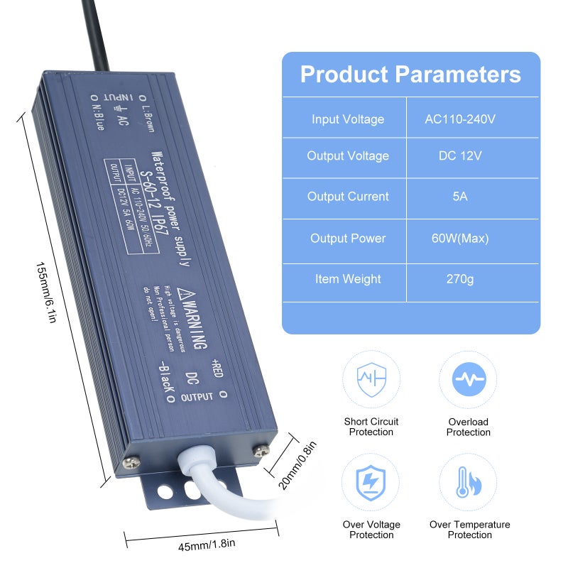 مُحول طاقة ومحول ومُحول إمداد طاقة مصابيح LED ذات مقاومة للماء IP67، من التيار المتردد 110 فولت-240 فولت إلى التيار المستمر 12 فولت 60 واط بإخراج جهد ثابت، لضوء شريط LED ومصابيح خارجية ونقوش صندوق ضوئي - Image 2