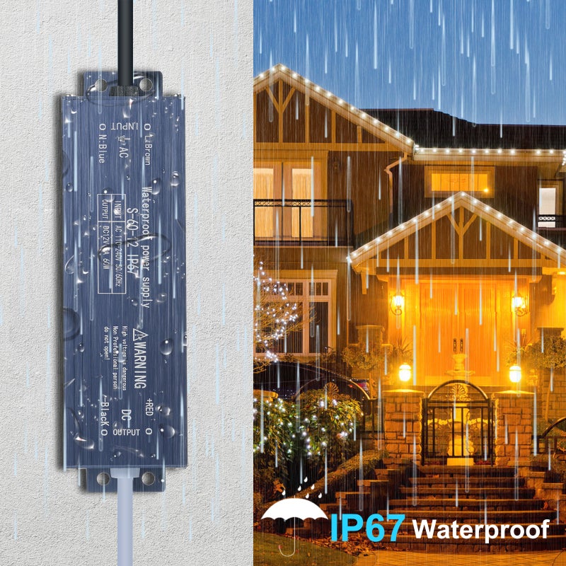 مُحول طاقة ومحول ومُحول إمداد طاقة مصابيح LED ذات مقاومة للماء IP67، من التيار المتردد 110 فولت-240 فولت إلى التيار المستمر 12 فولت 60 واط بإخراج جهد ثابت، لضوء شريط LED ومصابيح خارجية ونقوش صندوق ضوئي - Image 5