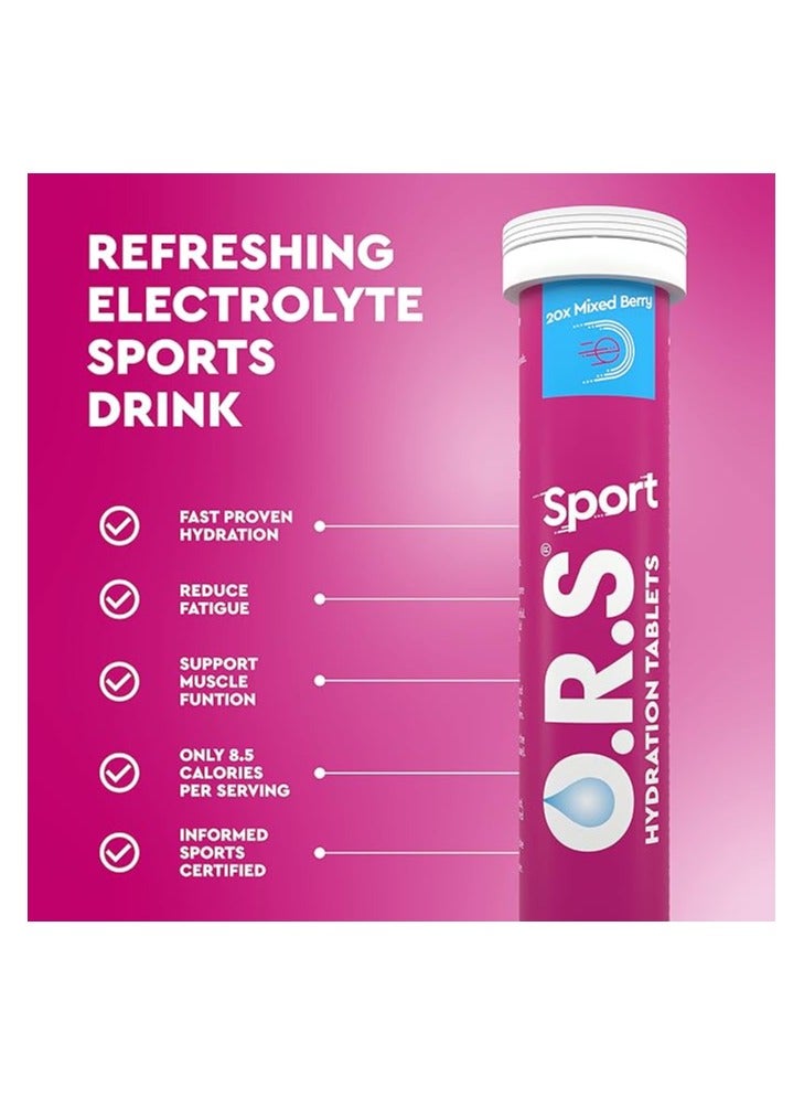O.R.S Sport Hydration Tablets With Electrolytes, Vegan, Gluten & Lactose Free Formula – Soluble Oral Rehydration Tablets With Natural Mixed Berry Flavour, Low Calorie, Adult & Children, 20 Tablets