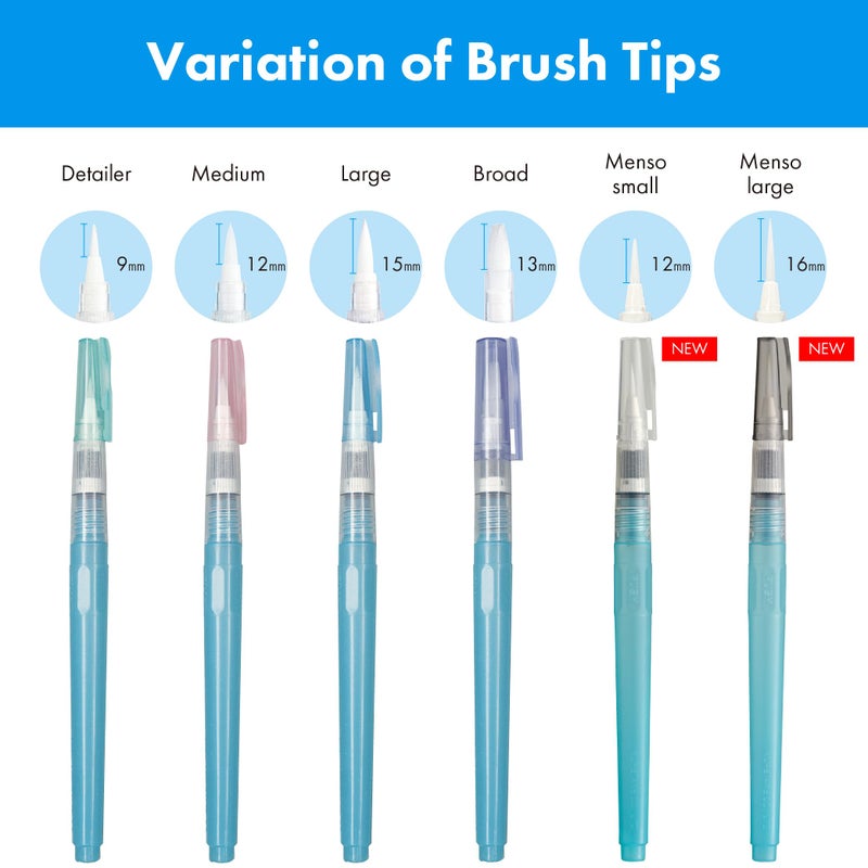 Kuretake Zig Water Brush Pen BRUSHS2O Long 6 Variety Set, for Watercolor Paint, Fude, Flat, Menso, Flexible Tips Assorted, for Professional, Artists, Made in Japan - Image 2