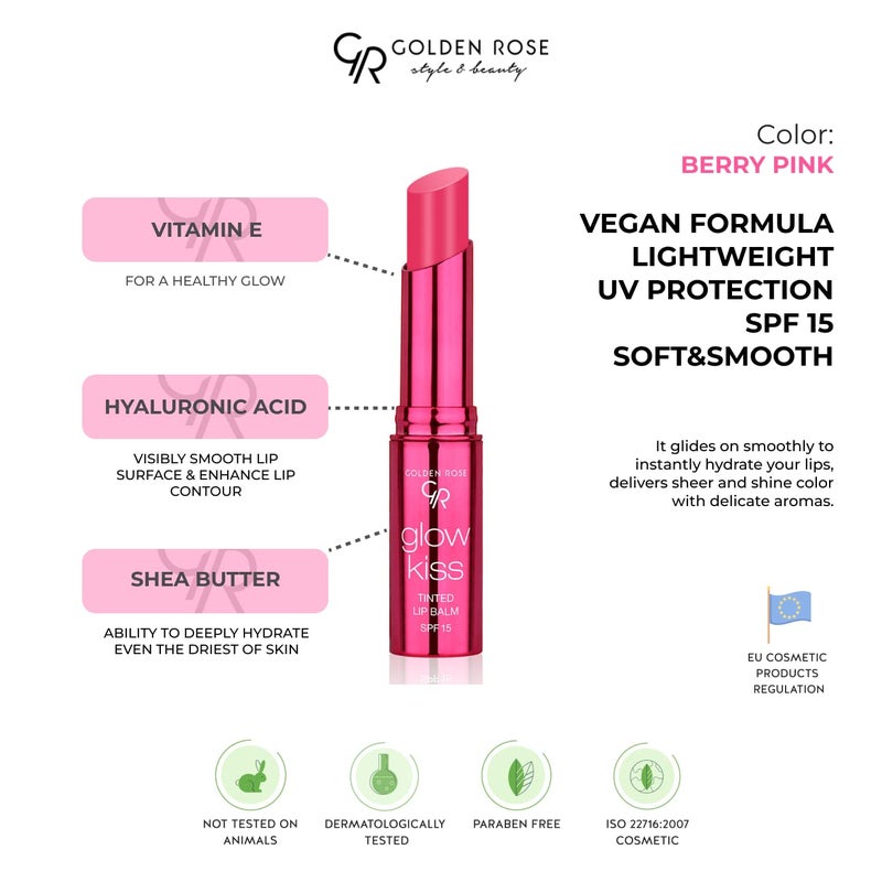 Golden Rose بلسم شفاه ملون من جولدن روز كوزمتيكس جلو كيس مع SPF15، تركيبة نباتية (وردي توت) - Image 2