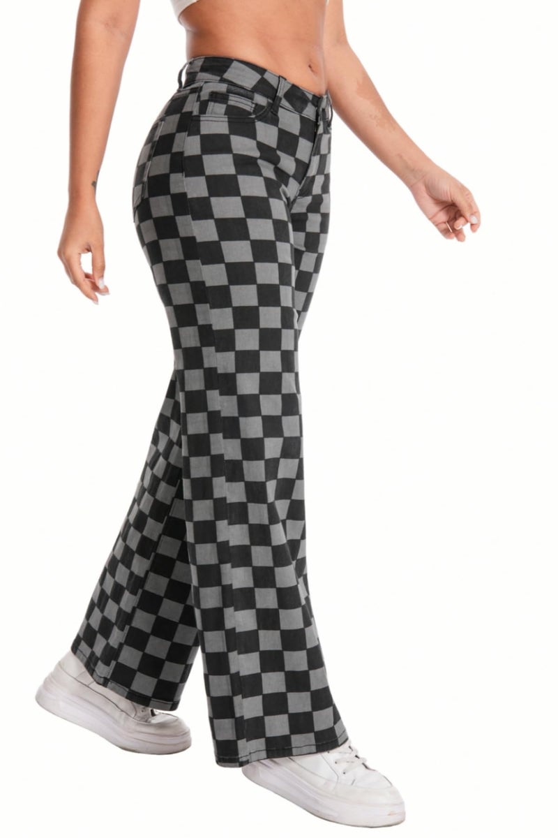 ONESO Mid-Low Rise Baggy Jeans Wide Leg for Women Checkered Loose Denim Pants Stretchy Bottom Lady Comfortable Denim - Image 4