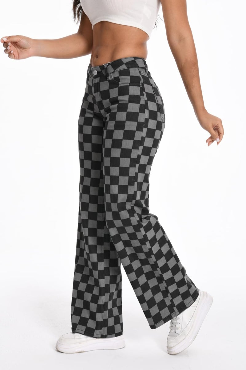 ONESO Mid-Low Rise Baggy Jeans Wide Leg for Women Checkered Loose Denim Pants Stretchy Bottom Lady Comfortable Denim - Image 3
