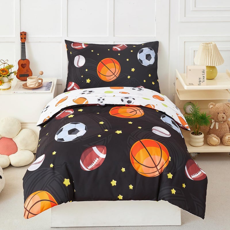 PERFEMET Sports Theme Toddler Boys Bedding Set 4 Pieces Basketball Football Printed Toddler Comforter Set Reversible Design Ball Games Bed in A Bag Black - Image 1