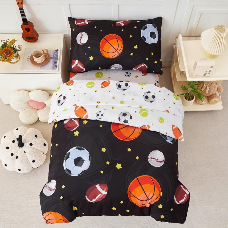 PERFEMET Sports Theme Toddler Boys Bedding Set 4 Pieces Basketball Football Printed Toddler Comforter Set Reversible Design Ball Games Bed in A Bag Black - Image 2