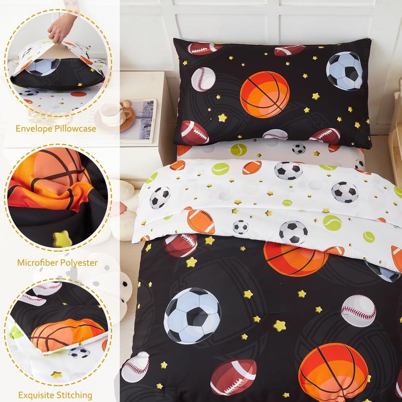 PERFEMET Sports Theme Toddler Boys Bedding Set 4 Pieces Basketball Football Printed Toddler Comforter Set Reversible Design Ball Games Bed in A Bag Black - Image 4