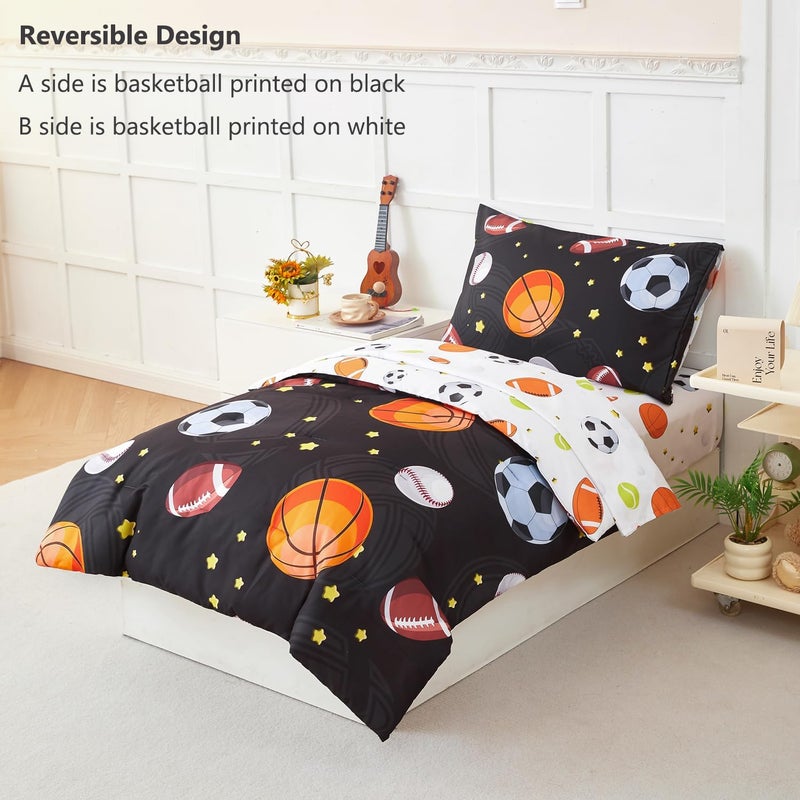 PERFEMET Sports Theme Toddler Boys Bedding Set 4 Pieces Basketball Football Printed Toddler Comforter Set Reversible Design Ball Games Bed in A Bag Black - Image 3