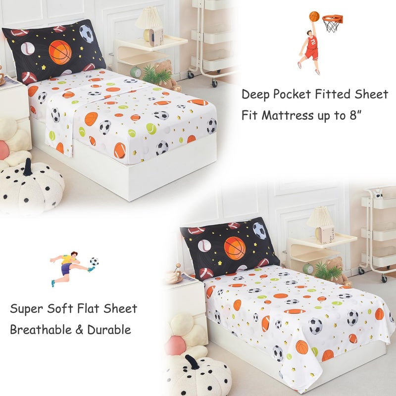 PERFEMET Sports Theme Toddler Boys Bedding Set 4 Pieces Basketball Football Printed Toddler Comforter Set Reversible Design Ball Games Bed in A Bag Black - Image 5